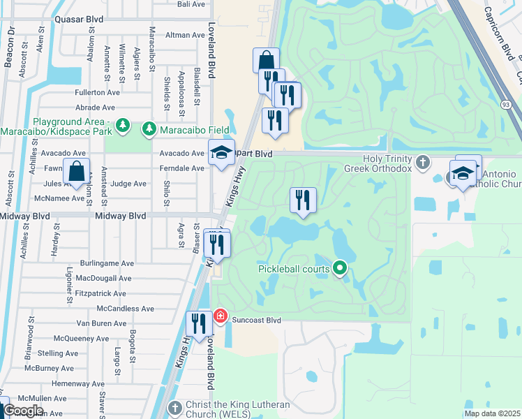map of restaurants, bars, coffee shops, grocery stores, and more near 130 Iroquois Trail in Punta Gorda