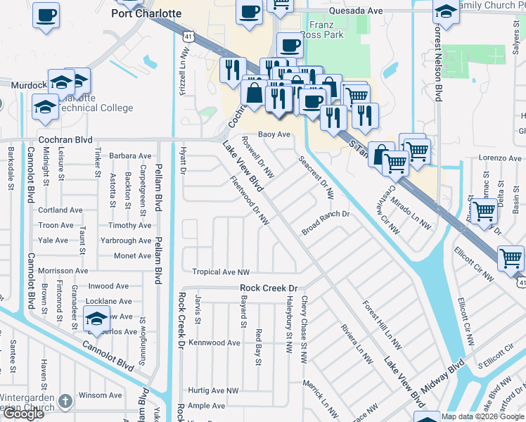 map of restaurants, bars, coffee shops, grocery stores, and more near 1122 Fleetwood Drive Northwest in Port Charlotte