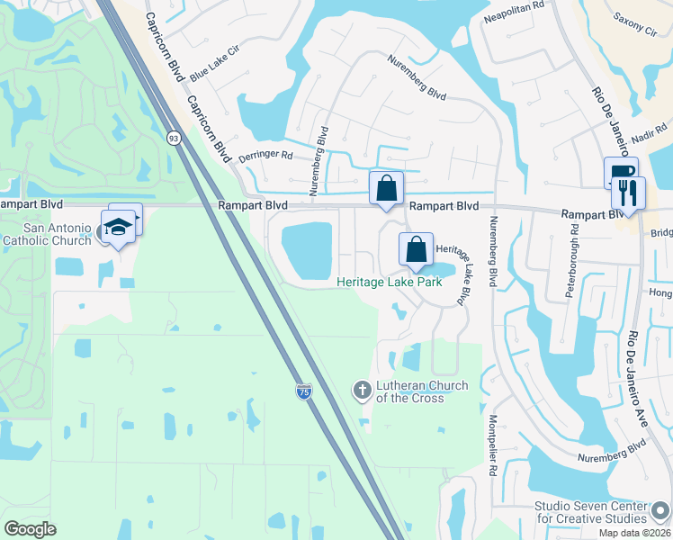 map of restaurants, bars, coffee shops, grocery stores, and more near 25275 Rampart Boulevard in Port Charlotte