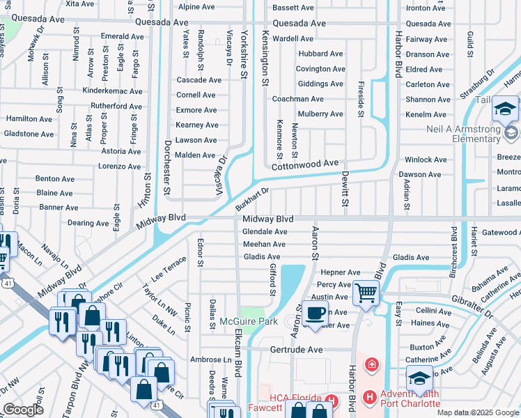map of restaurants, bars, coffee shops, grocery stores, and more near 2126 Zerby Street in Port Charlotte