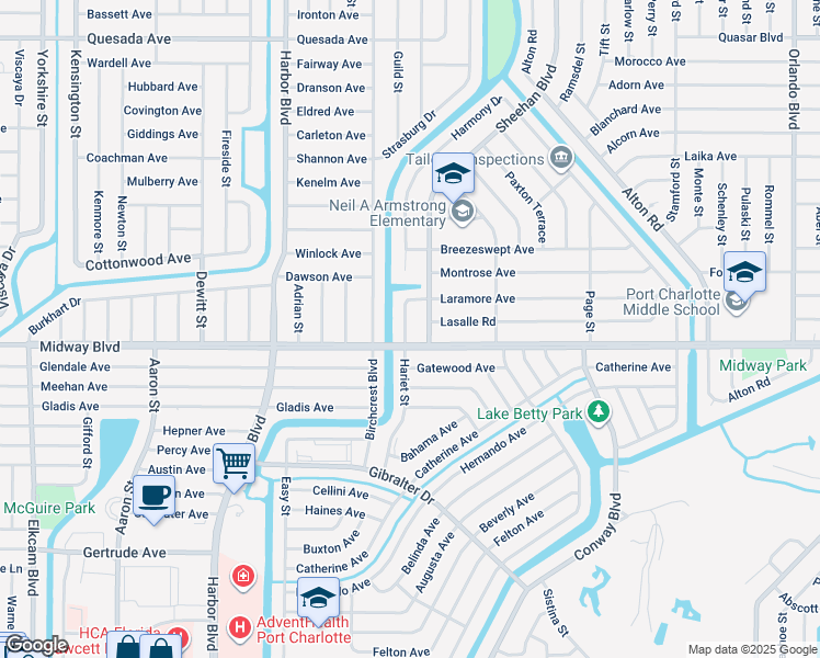 map of restaurants, bars, coffee shops, grocery stores, and more near 2106 Hariet Street in Port Charlotte