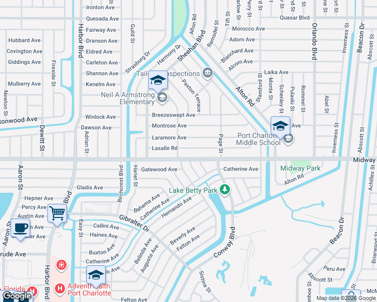 map of restaurants, bars, coffee shops, grocery stores, and more near 22195 Lasalle Road in Port Charlotte