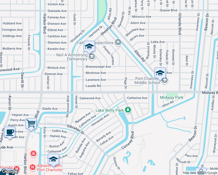 map of restaurants, bars, coffee shops, grocery stores, and more near 22195 Lasalle Road in Port Charlotte