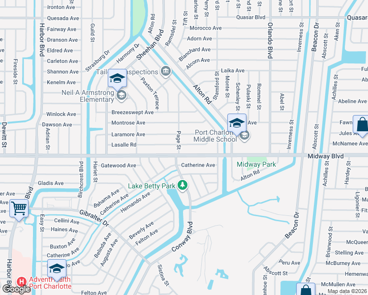 map of restaurants, bars, coffee shops, grocery stores, and more near 22295 Lasalle Road in Port Charlotte