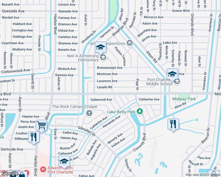 map of restaurants, bars, coffee shops, grocery stores, and more near 22151 Lasalle Road in Port Charlotte