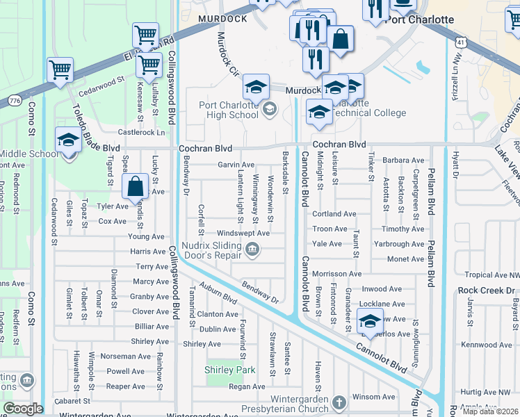 map of restaurants, bars, coffee shops, grocery stores, and more near 2113 Wonderwin Street in Port Charlotte