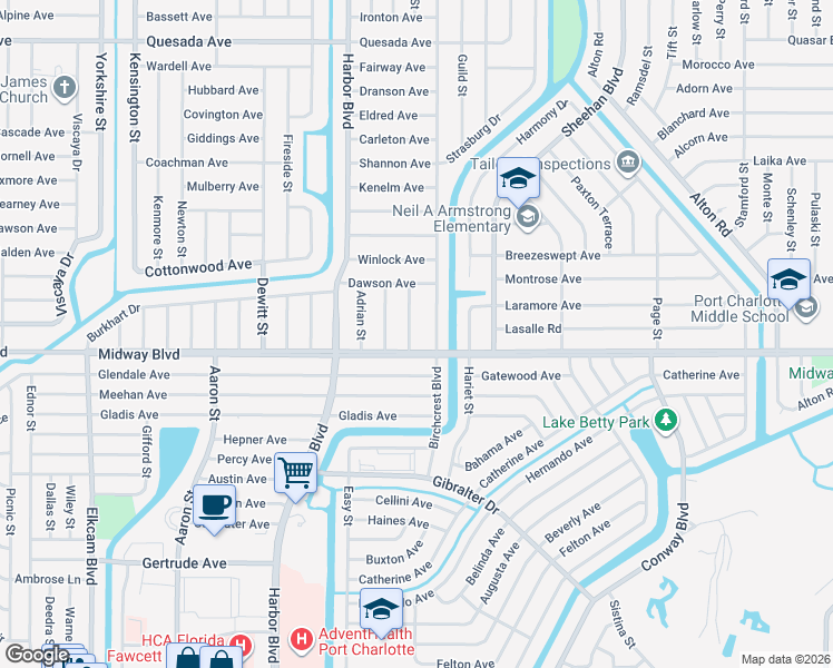 map of restaurants, bars, coffee shops, grocery stores, and more near 1627 Scotten Street in Port Charlotte