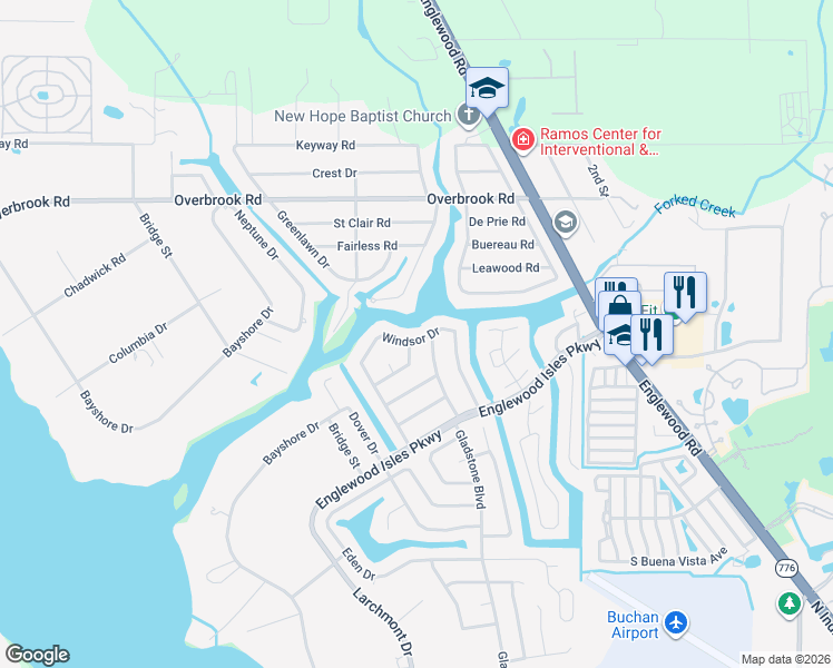 map of restaurants, bars, coffee shops, grocery stores, and more near 40 Windsor Drive in Englewood
