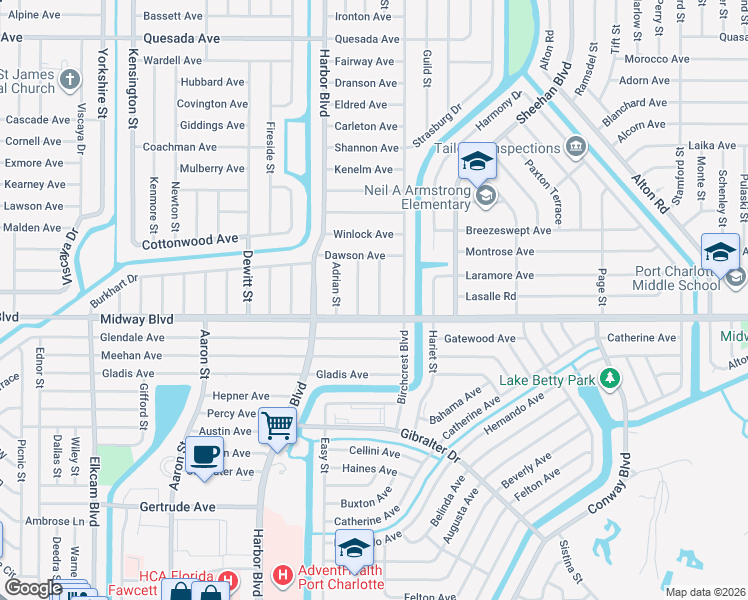 map of restaurants, bars, coffee shops, grocery stores, and more near 1627 Scotten Street in Port Charlotte