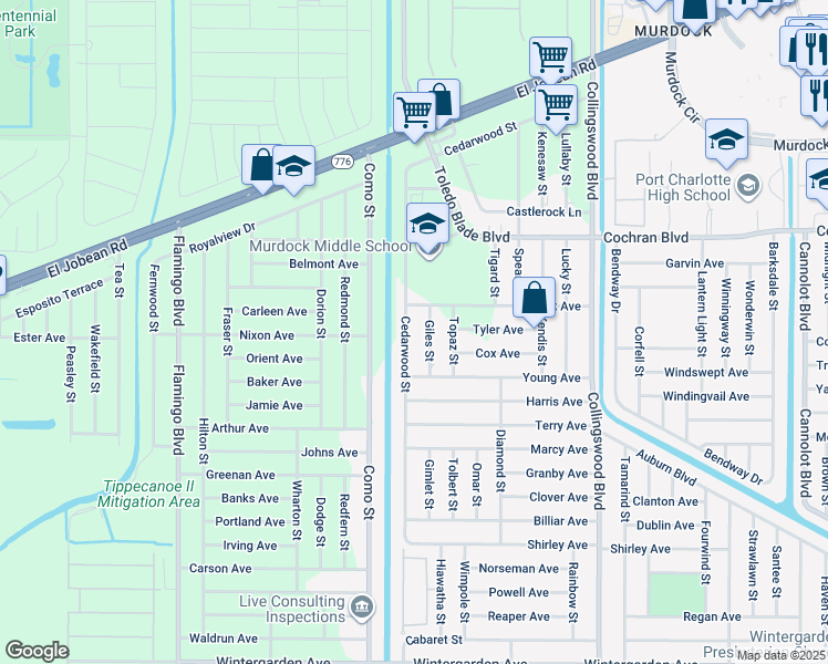 map of restaurants, bars, coffee shops, grocery stores, and more near 2126 Giles Street in Port Charlotte