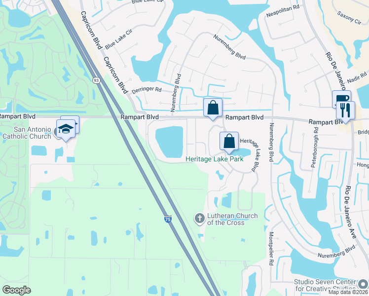 map of restaurants, bars, coffee shops, grocery stores, and more near 25275 Rampart Boulevard in Port Charlotte