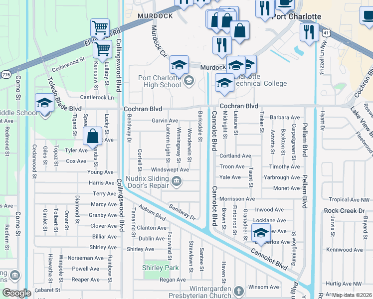 map of restaurants, bars, coffee shops, grocery stores, and more near 2113 Wonderwin Street in Port Charlotte