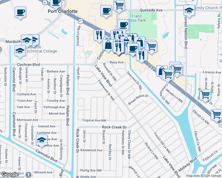 map of restaurants, bars, coffee shops, grocery stores, and more near 1122 Fleetwood Drive Northwest in Port Charlotte