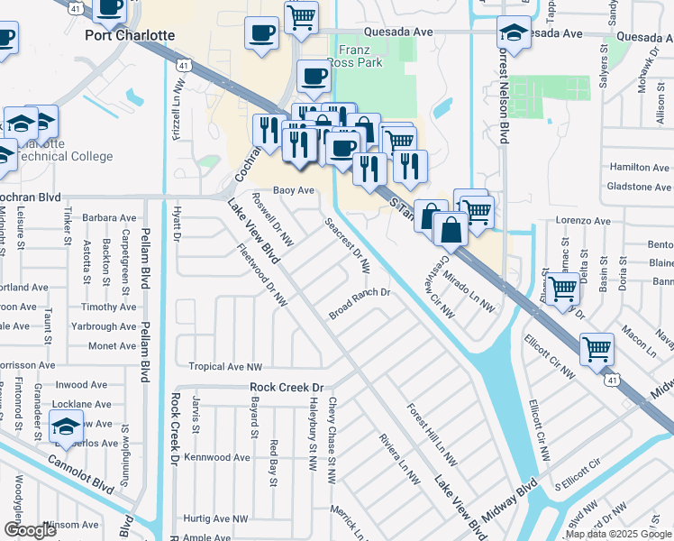 map of restaurants, bars, coffee shops, grocery stores, and more near 1035 Red Bay Terrace Northwest in Port Charlotte