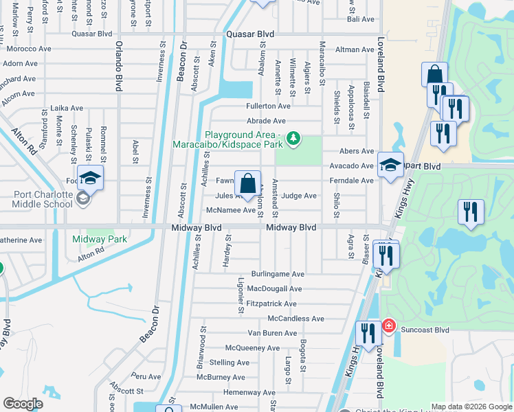 map of restaurants, bars, coffee shops, grocery stores, and more near 1638 Abalom Street in Port Charlotte