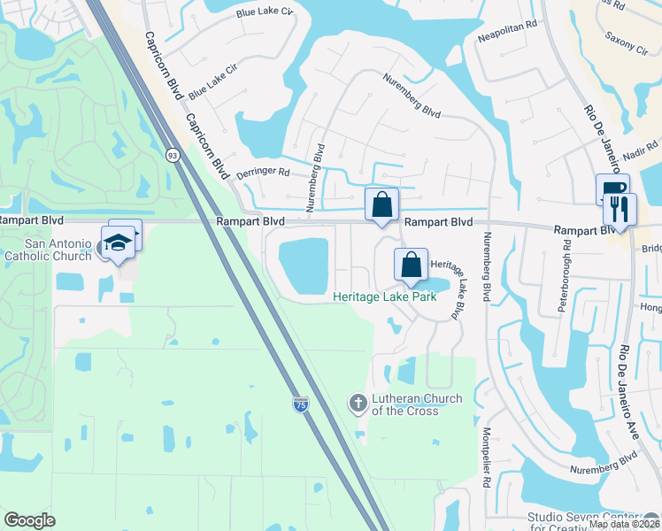 map of restaurants, bars, coffee shops, grocery stores, and more near 25275 Rampart Boulevard in Port Charlotte