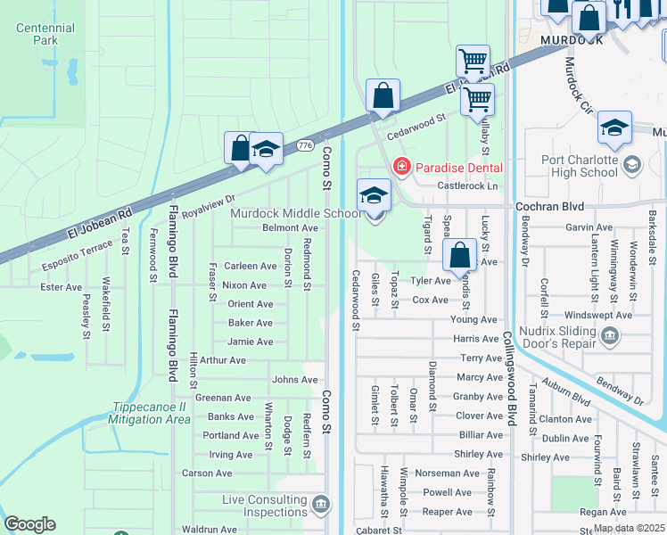 map of restaurants, bars, coffee shops, grocery stores, and more near 2065 Cedarwood Street in Port Charlotte