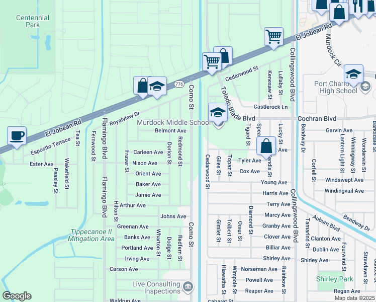 map of restaurants, bars, coffee shops, grocery stores, and more near 2070 Redmond Street in Port Charlotte