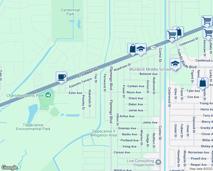 map of restaurants, bars, coffee shops, grocery stores, and more near 2072 Fernwood Street in Port Charlotte