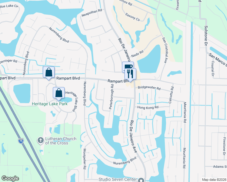 map of restaurants, bars, coffee shops, grocery stores, and more near 26162 Mindanao Lane in Punta Gorda