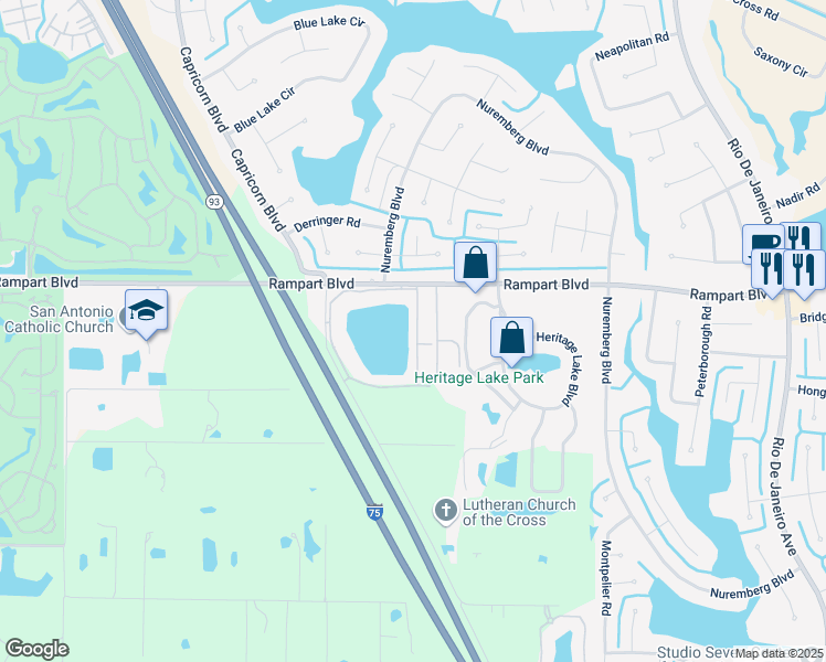map of restaurants, bars, coffee shops, grocery stores, and more near 25275 Rampart Boulevard in Punta Gorda