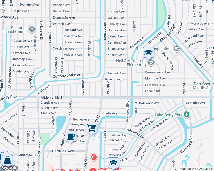 map of restaurants, bars, coffee shops, grocery stores, and more near 1579 Adrian Street in Port Charlotte