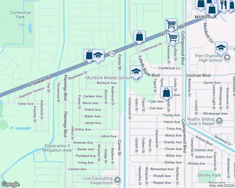 map of restaurants, bars, coffee shops, grocery stores, and more near 2070 Redmond Street in Port Charlotte