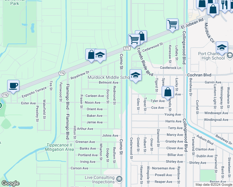 map of restaurants, bars, coffee shops, grocery stores, and more near 2070 Redmond Street in Port Charlotte