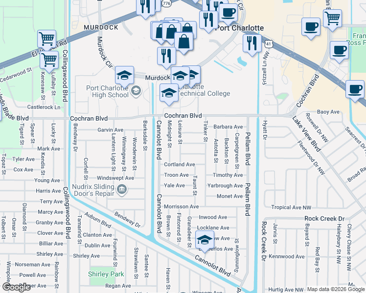 map of restaurants, bars, coffee shops, grocery stores, and more near 2068 Leisure Street in Port Charlotte