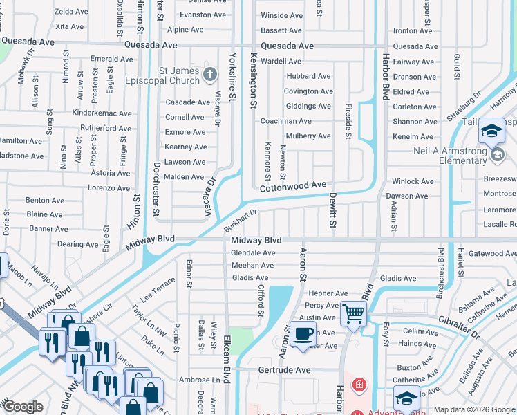 map of restaurants, bars, coffee shops, grocery stores, and more near 21180 Burkhart Drive in Port Charlotte