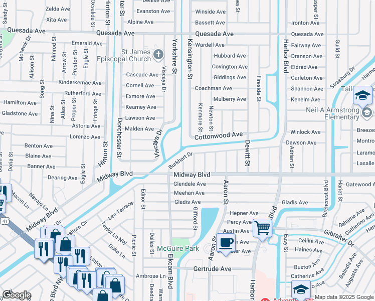 map of restaurants, bars, coffee shops, grocery stores, and more near 21164 Burkhart Drive in Port Charlotte