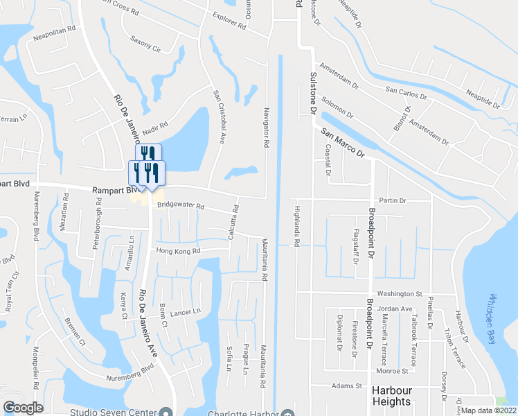 map of restaurants, bars, coffee shops, grocery stores, and more near 26455 Rampart Boulevard in Punta Gorda