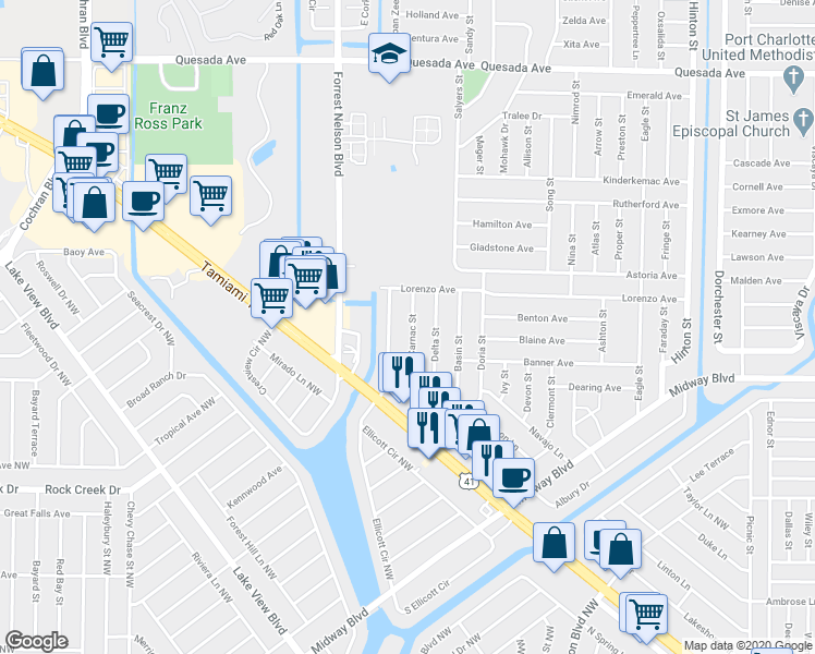 map of restaurants, bars, coffee shops, grocery stores, and more near 2073 Carnac Street in Port Charlotte