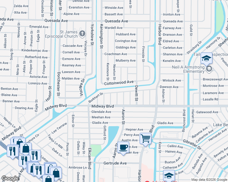 map of restaurants, bars, coffee shops, grocery stores, and more near 21228 Burkhart Drive in Port Charlotte
