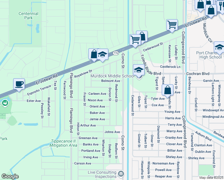 map of restaurants, bars, coffee shops, grocery stores, and more near 17173 Thompson Avenue in Port Charlotte