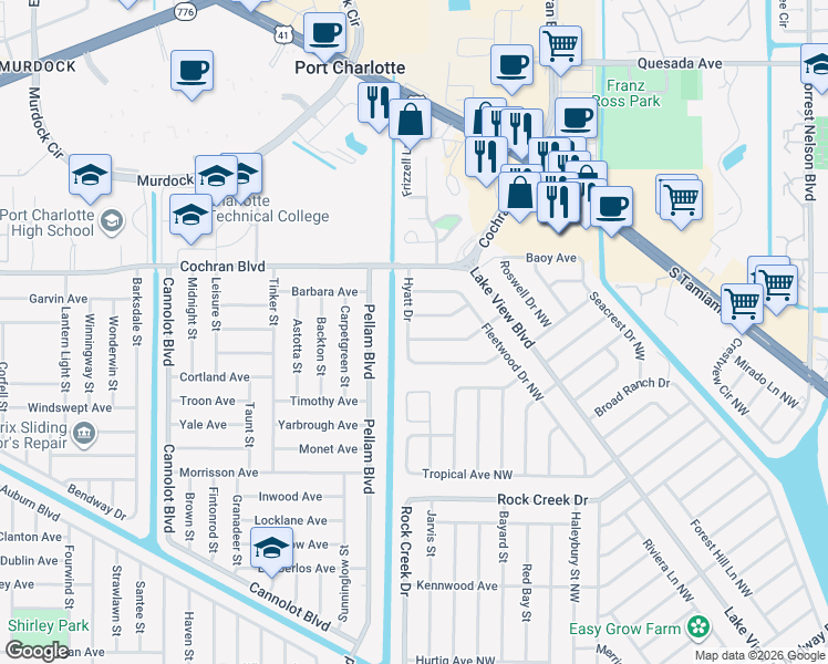 map of restaurants, bars, coffee shops, grocery stores, and more near 1268 Joplin Avenue Northwest in Port Charlotte