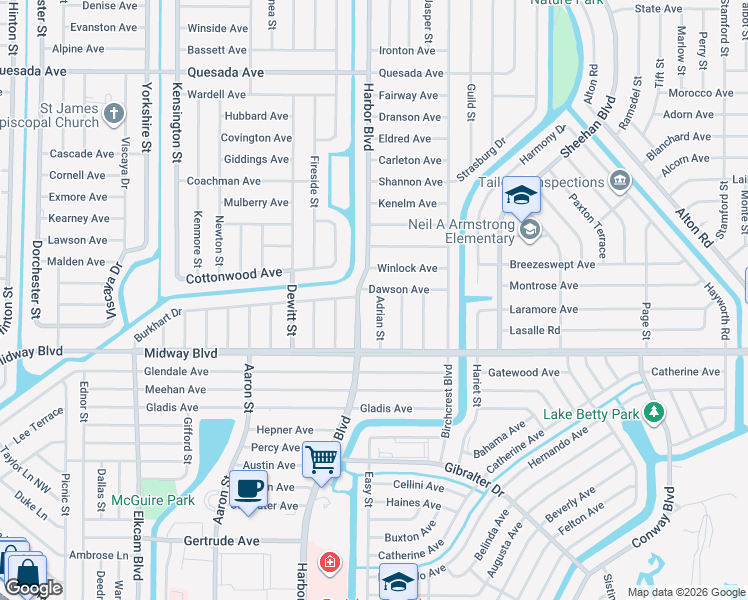 map of restaurants, bars, coffee shops, grocery stores, and more near 1579 Adrian Street in Port Charlotte
