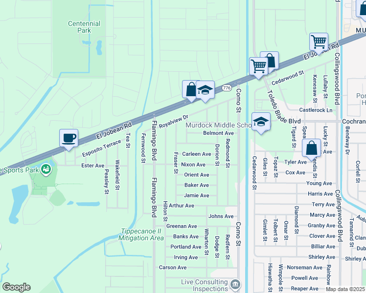 map of restaurants, bars, coffee shops, grocery stores, and more near 17083 Thompson Avenue in Port Charlotte