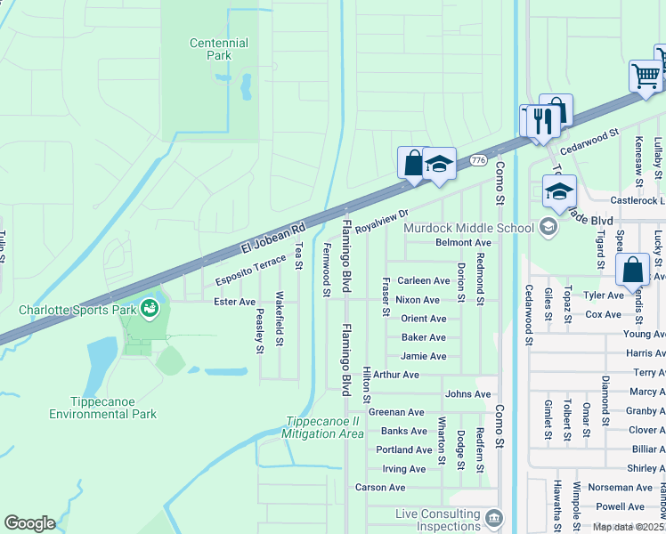 map of restaurants, bars, coffee shops, grocery stores, and more near 2072 Fernwood Street in Port Charlotte