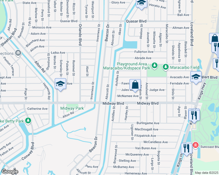 map of restaurants, bars, coffee shops, grocery stores, and more near 1580 Abscott Street in Port Charlotte