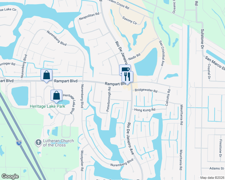 map of restaurants, bars, coffee shops, grocery stores, and more near 26162 Mindanao Lane in Punta Gorda