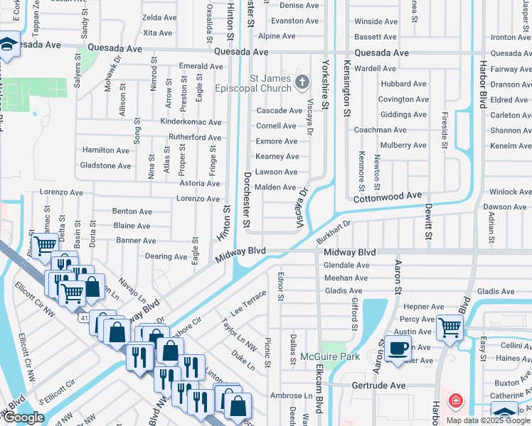map of restaurants, bars, coffee shops, grocery stores, and more near 1578 Yancy Street in Port Charlotte