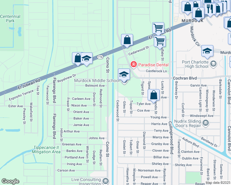map of restaurants, bars, coffee shops, grocery stores, and more near 2065 Cedarwood Street in Port Charlotte