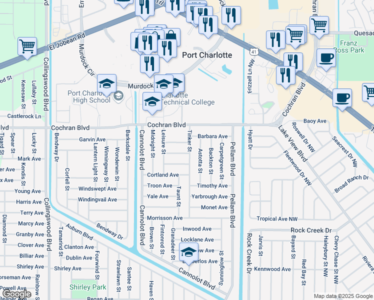 map of restaurants, bars, coffee shops, grocery stores, and more near 18386 Twilite Avenue in Port Charlotte