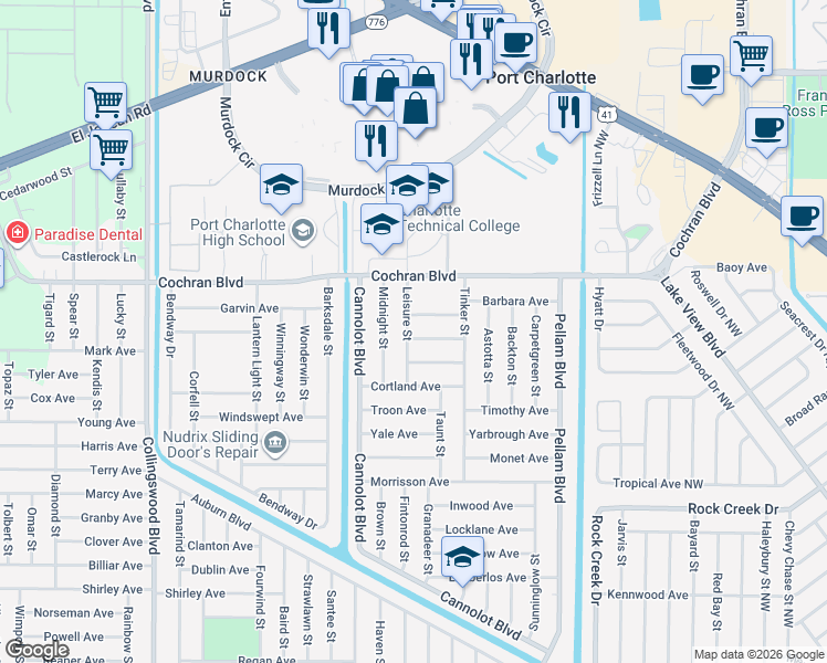 map of restaurants, bars, coffee shops, grocery stores, and more near 2068 Leisure Street in Port Charlotte