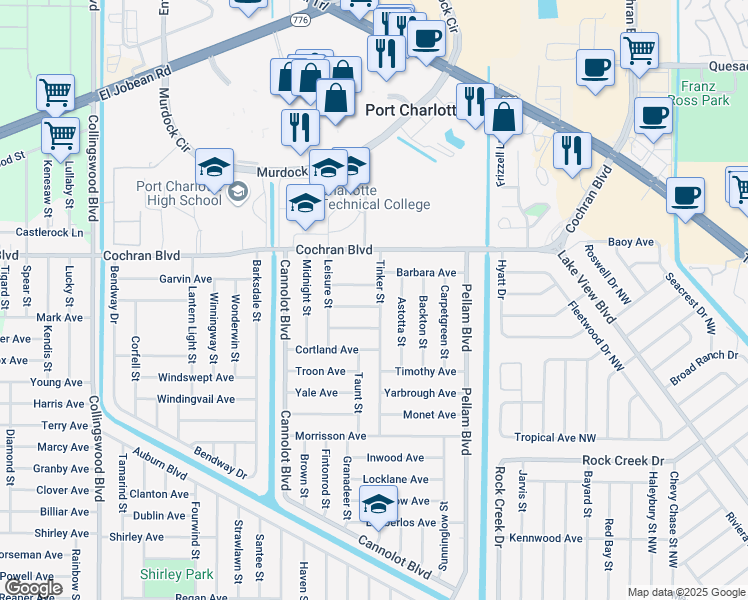 map of restaurants, bars, coffee shops, grocery stores, and more near 18386 Twilite Avenue in Port Charlotte