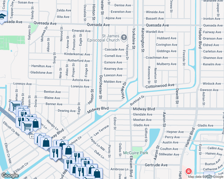map of restaurants, bars, coffee shops, grocery stores, and more near 1578 Yancy Street in Port Charlotte