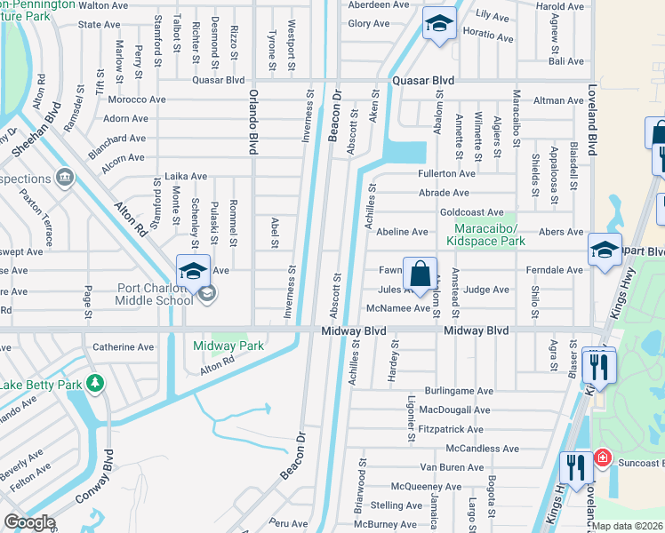 map of restaurants, bars, coffee shops, grocery stores, and more near 1580 Abscott Street in Port Charlotte