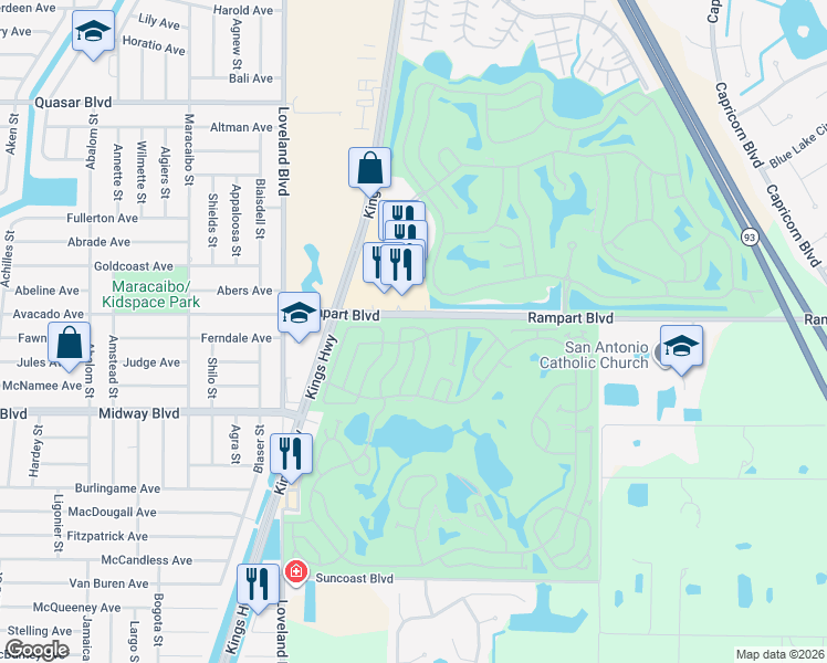 map of restaurants, bars, coffee shops, grocery stores, and more near 145 Beaver Lane in Port Charlotte