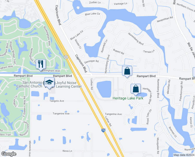 map of restaurants, bars, coffee shops, grocery stores, and more near 25225 Rampart Boulevard in Port Charlotte